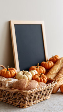 Giving Tuesday charity display with a blank chalkboard in a pale wooden frame standing beside small orange and cream pumpkins a wicker donation basket holding bread and plain