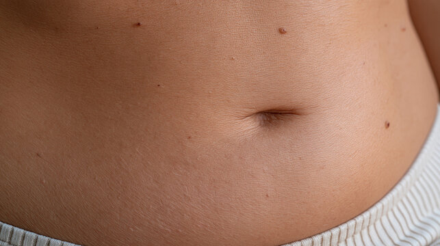 Overhead close up of a woman's abdomen showing skin stretched tight and visibly distended, bloating symptom, abdominal distension, irritable bowel syndrome, digestive disorder,