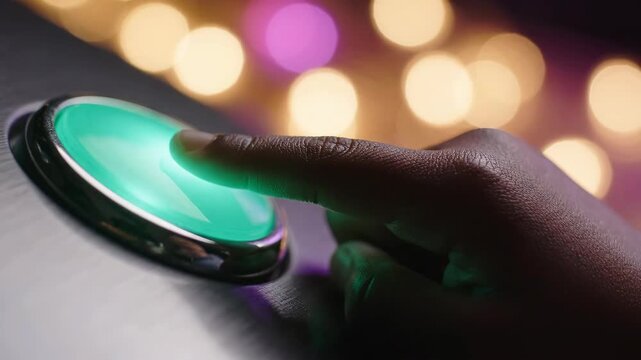 Close-up of a finger pressing a glowing green button with festive bokeh lights.