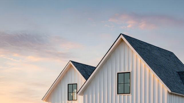 two peaks of white house with dark roof under blue sunset sky