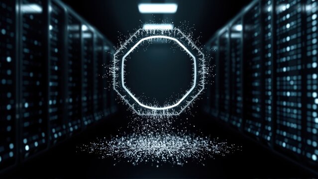 Server room interior, glowing octagon shape. Digital particles descend, creating futuristic effect. Dark, cool tones dominate scene.