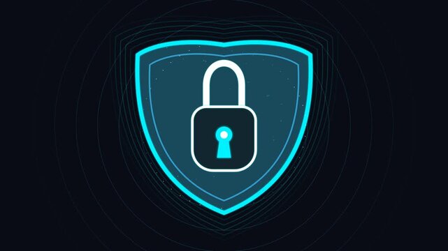 Cybersecurity shield with glowing padlock icon digital protection concept background, animation loop digital security