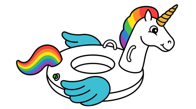 Inflatable white unicorn pool float with rainbow hair.