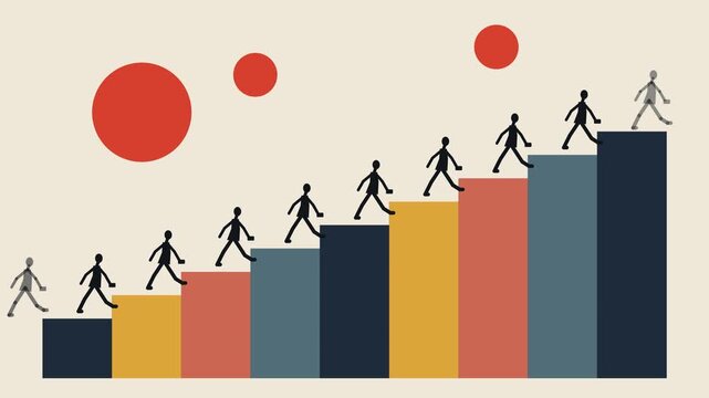 Business growth and career success concept animation with silhouettes of people walking up colorful stagnant bar chart steps to reach the and transform into leader