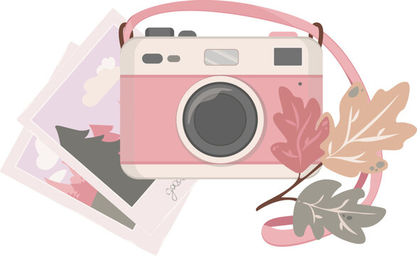 Cute pastel pink camera with autumn leaves and polaroid photos. Flat vector illustration perfect for scrapbooking, travel blogs, and fall designs.
