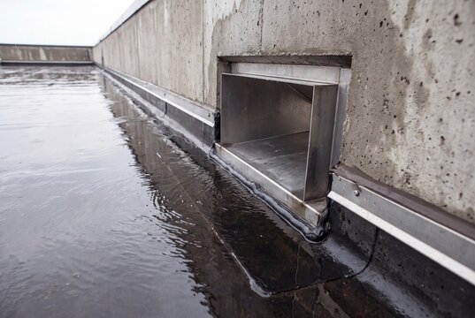 Parapet scupper drain on commercial flat roof with standing water