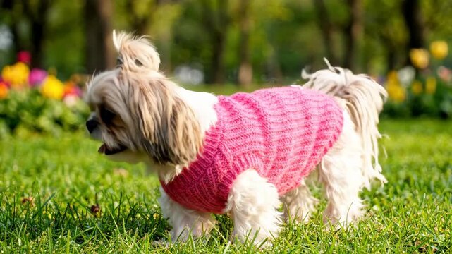 Adorable Shih Tzu dog in a pink sweater exploring a vibrant green park on a sunny day.