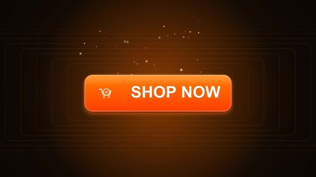 Animated orange shop now button with shopping cart icon and glowing particle effects for e-commerce marketing and digital advertisements