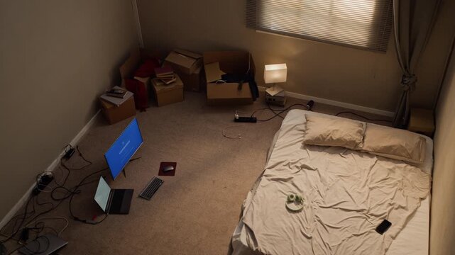 Empty messy bedroom featuring computer screen, moving boxes, and mattress on floor. Panning shot suitable for illustrating technology failure or burnout concepts