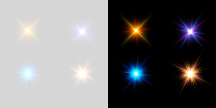 Starburst light flares are arranged in a 2x2 grid with varying color hues. They exhibit radial symmetric rays with sharp and smooth gradients. These are ideal overlays for enhancing photos.