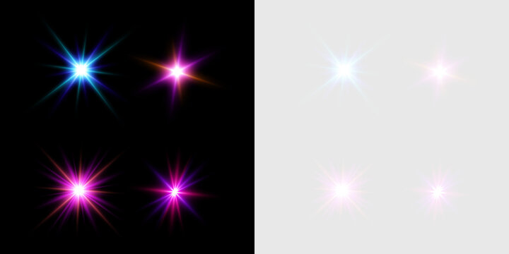 Four bright starburst lights appear on contrasting black and gray backgrounds. Each star has sharp, colorful rays extending outward in symmetrical patterns.