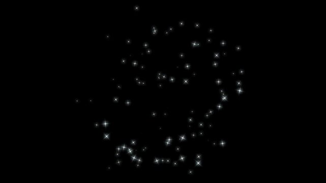 2D Sparkling white cartoon doodle stars with magic glitter line, shining particles and fairy dust wand trail, twinkling sparkle transition animation on black screen, seamless 4K video