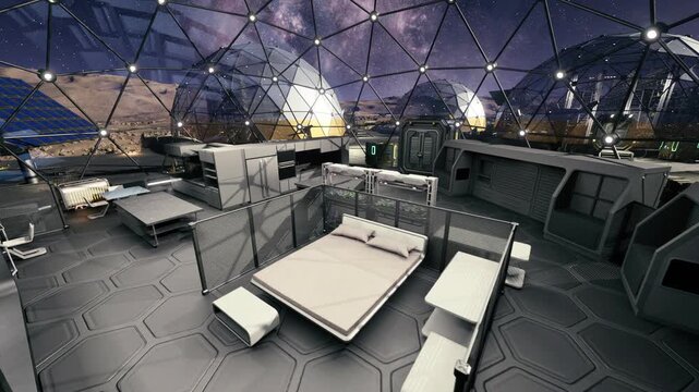 rooftop interior sleeping bay under geodesic dome, twin beds and striped textiles, panoramic glass, ambient led lighting and skyline vista, calm restful retreat