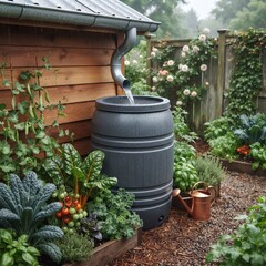 Obraz premium Rainwater harvesting barrel collecting water from roof gutter in a lush garden