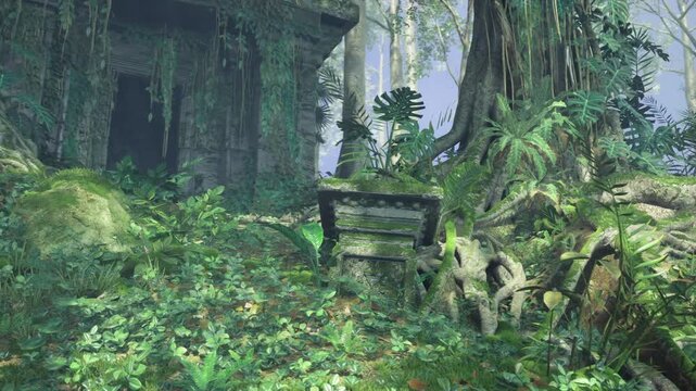 sacred overgrown sanctuary with altar steps and carved stones, quiet grove atmosphere with soft light and mist setting suggests ritual, meditation retreat