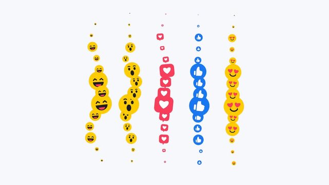 Animated social media emojis and reactions floating upward on white background, thumbs up, hearts, and smiling faces motion loop