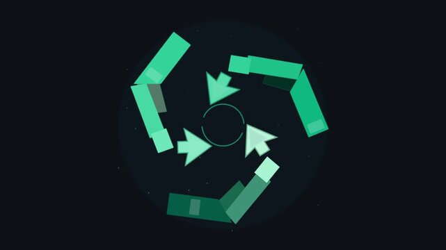 Green rotating arrows and circular hud tech motion animation on dark background, futuristic technology