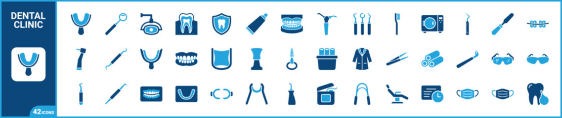 Fototapeta premium Dentistry two-tone icon set. Filled glyph pictograms of dental care, oral surgery, orthodontic clinic, and tooth hygiene elements, blue duotone illustration.