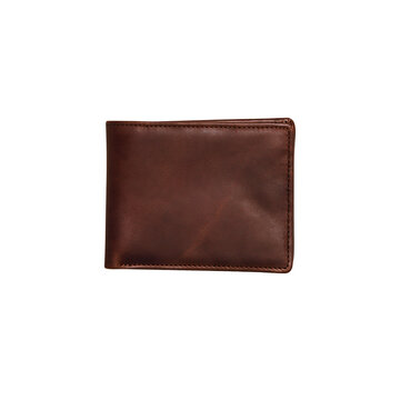 Brown leather wallet lies flat against plain white background.