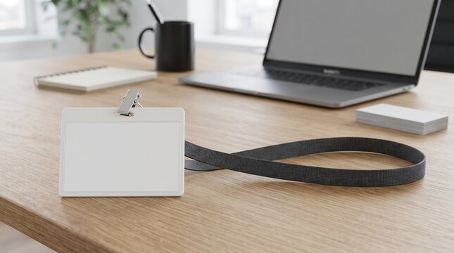 Blank ID Badge with Lanyard on Wooden Desk with Laptop and Office Supplies