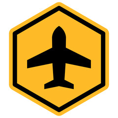 Airport sign with black airplane silhouette inside a yellow and black hexagon on transparent PNG. Ideal for aviation, travel, and transport design themes. © sh99