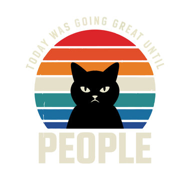 Retro sunset graphic design featuring an grumpy black cat and humorous text about social interaction funny quote vector art