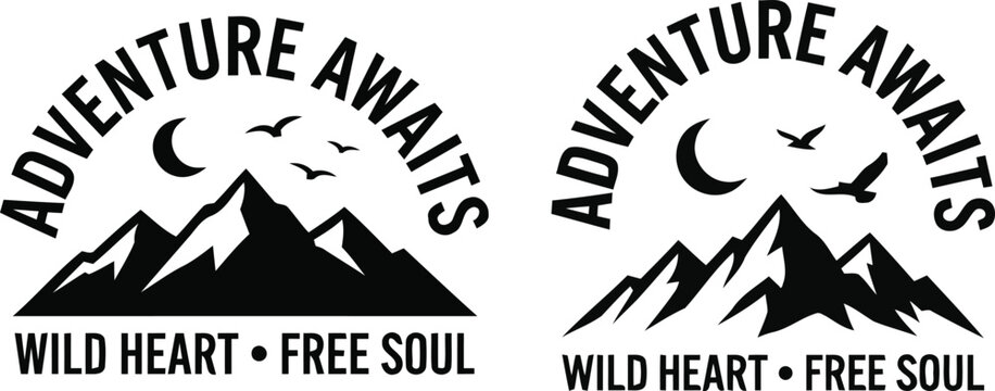 Two round emblems showcase majestic mountains a crescent moon a flying bird and inspiring adventure wording ideal for travel and outdoor lifestyle branding concepts