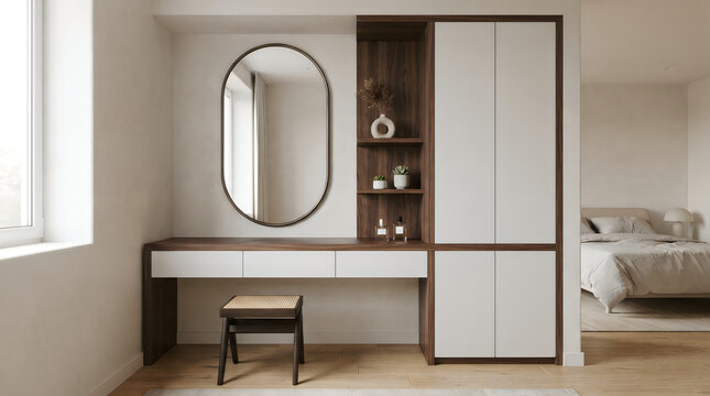 Modern dressing table with oval mirror and dark wooden storage cabinet in a bright bedroom vanity desk bedroom furnitu
