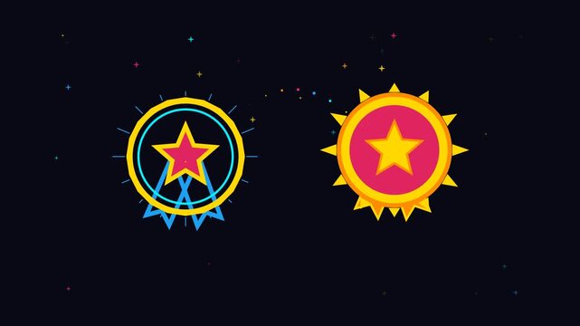 Colorful flat star badges animation on dark background, with glowing sparkles, and rotating geometric, shapes for dynamic, motion projects