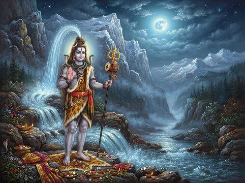 Lord Shiva standing by the Ganges river under a full moon in a mountain landscape