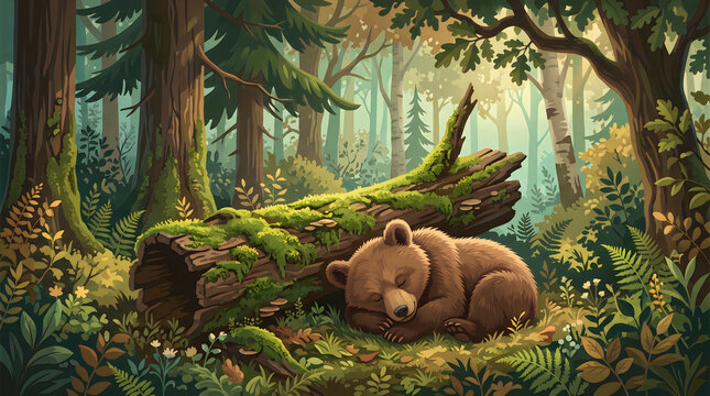 Sleeping bear cub curled beside a mossy log in soft forest light, rest and calm concept, editorial vector illustration