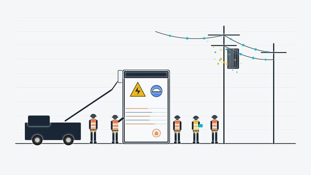 Animated electricians and utility workers repairing power lines near transformer station with data display