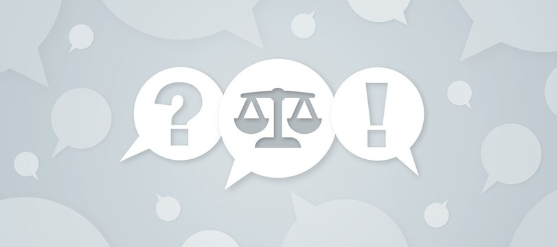 FAQ section graphic featuring speech bubbles with question mark, justice scales, and exclamation mark symbols on a light gray background representing legal advice.