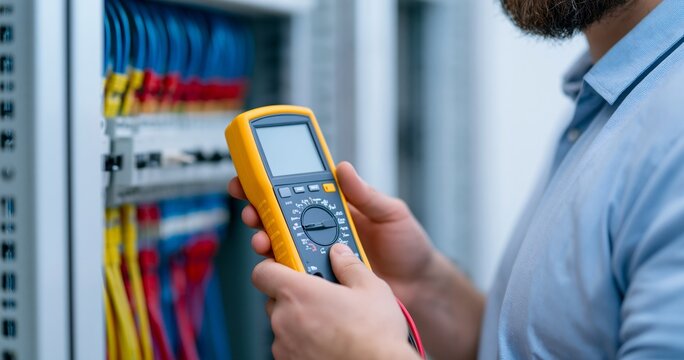 Electrician testing electrical panel with multimeter