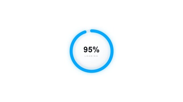 Blue Circular Progress Bar Animation from 0 to 100 Percent on White Background, Loading Indicator, Completion Status, Progress Circle and Digital UI