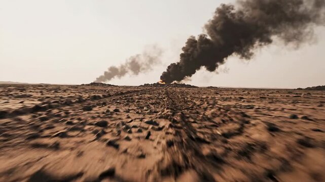 Thick black smoke billows from multiple fires across a desolate desert landscape.