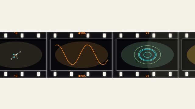 Vintage strip with animated scientific graphs, sine waves, and atomic structures for retro education and science projects