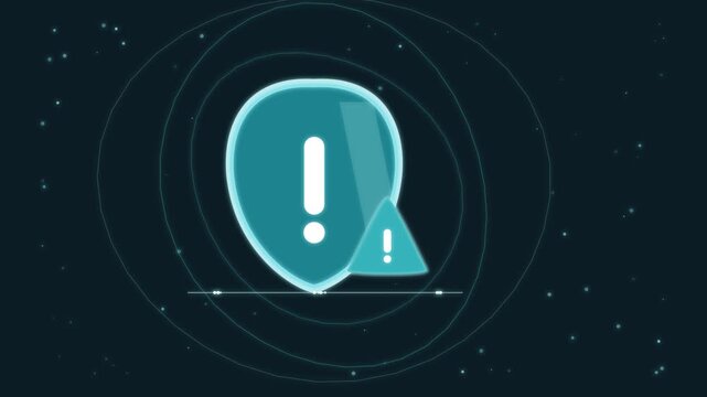 Cyber security shield animation with warning exclamation mark icon on digital network background, data protection