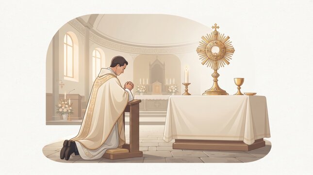 Catholic priest kneeling in prayer beside church altar with a monstrance. Eucharistic adoration and devotion to Jesus Christ. Catholic worship, sacrament and Christian faith.