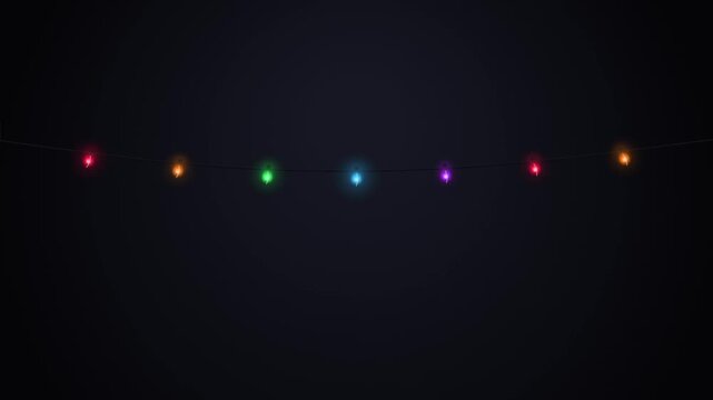 Colorful glowing neon holiday string lights hanging on a rope wire with flickering bloom effects over a dark backdrop. Ideal seamless loop motion graphic for festive Christmas videos, winter celebrati