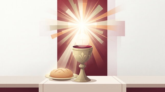Chalice and bread on an altar beneath radiant rays. Catholic Eucharist and Holy Communion. Christian sacrament of the Mass. Religious faith illustration with copy space.