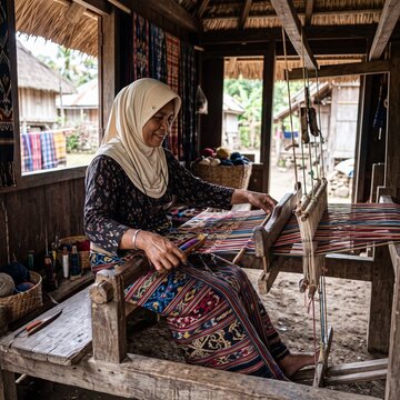Indonesian Woman Weaving Traditional Tenun Ikat NTT Fabric