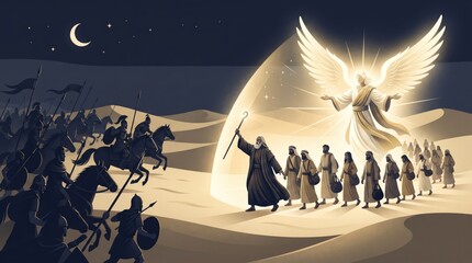 Obraz premium Moses leads Israelites through the parted sea as Egyptian chariots pursue. Biblical Exodus story with an angelic figure. Old Testament faith and deliverance. Christian religious illustration