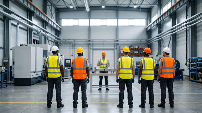 Back view of workers in hard hats and hi vis vests standing in row listening to instructor in empty factory hall. Safety briefing, no faces visible, copy space