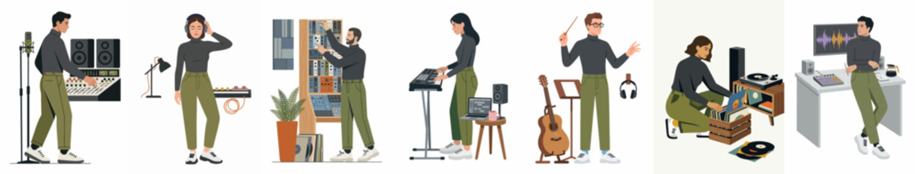 Set of flat vector illustrations featuring music producers, sound engineers, and musicians in home studios recording, mixing audio, playing instruments, and organizing vinyl records.