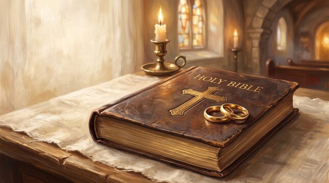 Bible with cross and wedding rings on church altar beside a candle. Catholic marriage sacrament and Christian wedding. Jesus Christ, scripture and faith. Religious devotional illustration.
