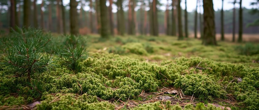 Forest floor covered in moss with pine saplings