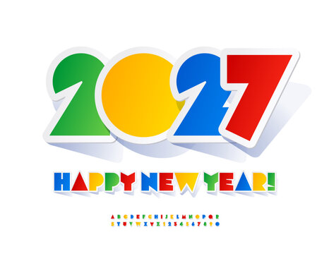Vector Trendy Greeting Card Happy New Year 2027! Bright Colorful Sticker Font. Artistic set of Kids Alphabet Letters and Numbers.