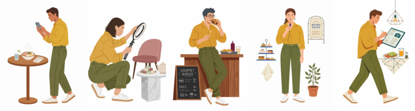 Flat Vector Illustration Set of People in a Cafe; Food Blogger Taking a Phone Picture, Quality Inspector Examining Pastries, Man Eating at Counter, and Customer Reading a Menu