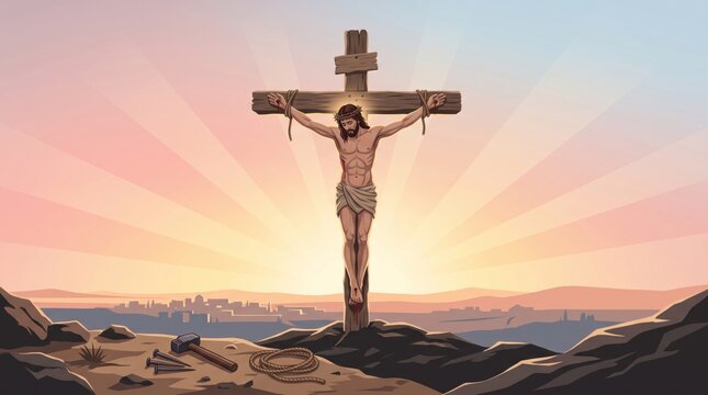 Jesus Christ crucified on a wooden cross above a distant city. Christian faith and Catholic devotion. Biblical Passion, sacrifice and salvation. Easter and Holy Week religious illustration.